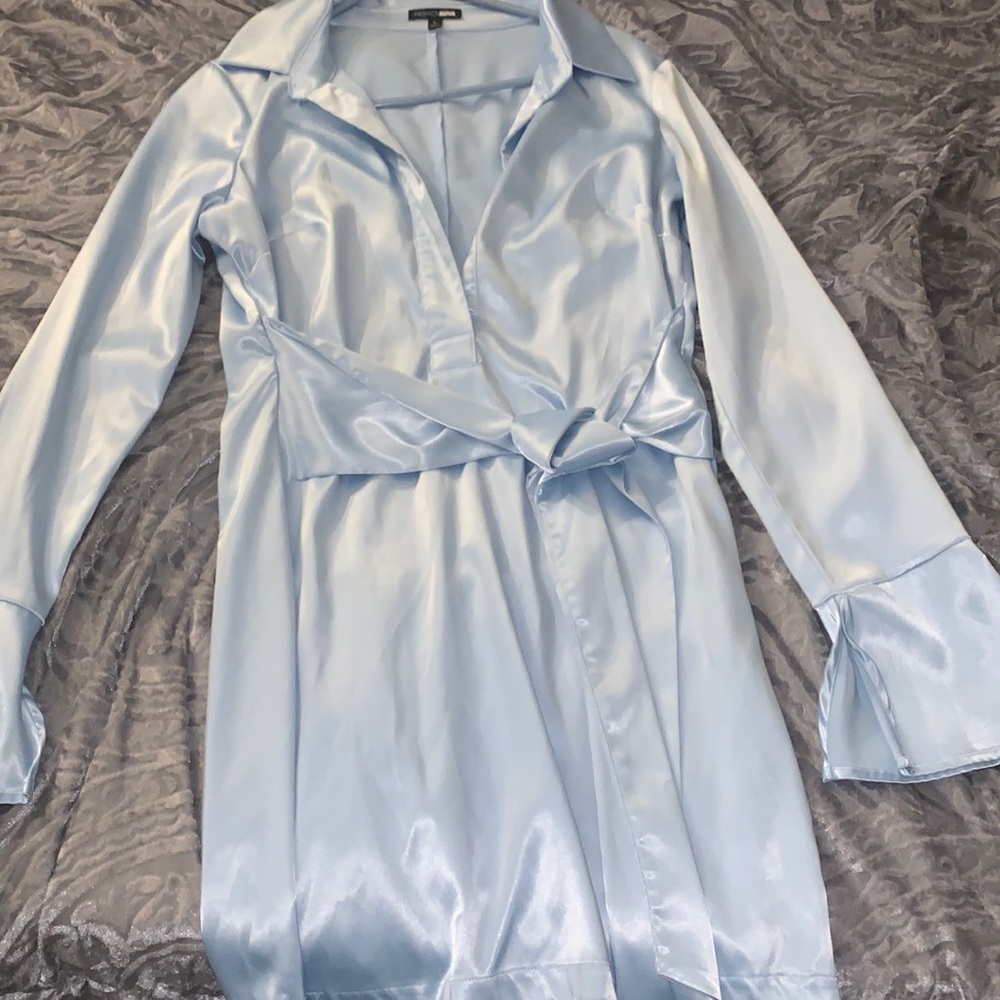 Baby blue satin mini body con dress